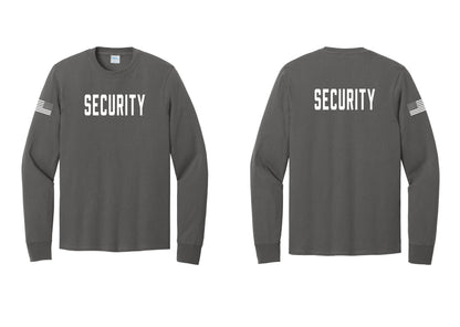 NYC Factory Security Cotton Long Sleeve T-Shirt (Classic) - Front + Back + US Flag Sleeve - Charcoal
