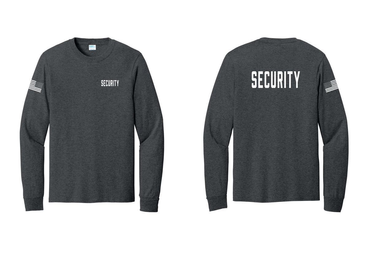 NYC Factory Security Cotton Long Sleeve T-Shirt (Classic) - Chest + Back + US Flag Sleeve - Dark Heather Grey