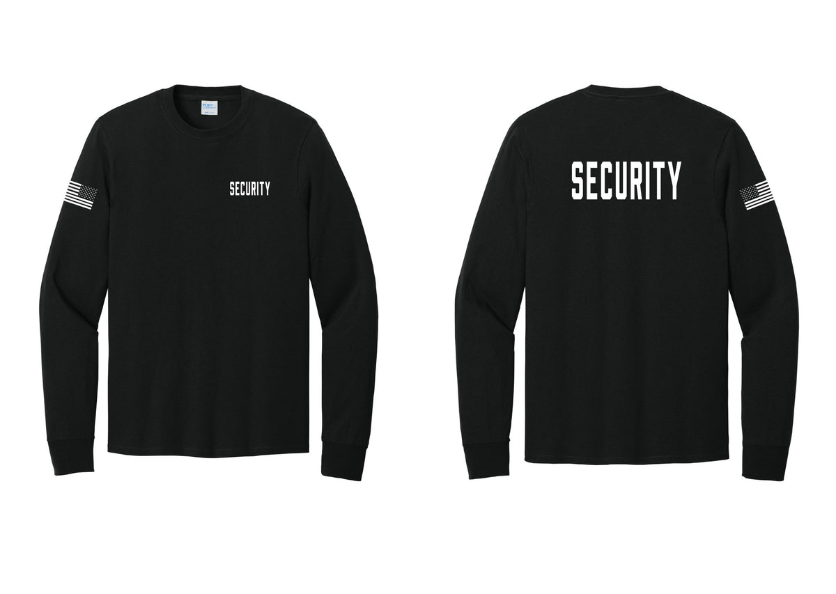 NYC Factory Security Cotton Long Sleeve T-Shirt (Classic) - Chest + Back + US Flag Sleeve - Black