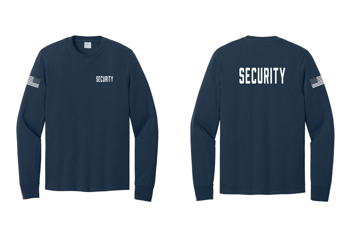 NYC Factory Security Cotton Long Sleeve T-Shirt (Classic) - Chest + Back + US Flag Sleeve - Navy