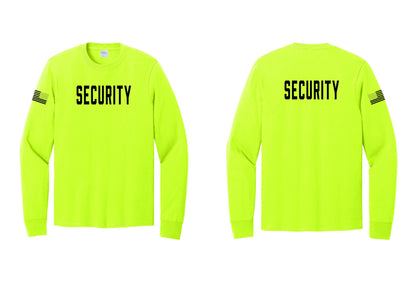 NYC Factory Security Cotton Long Sleeve T-Shirt (Classic) - Front + Back + US Flag Sleeve - Safety Green