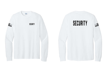 NYC Factory Security Cotton Long Sleeve T-Shirt (Classic) - Chest + Back + US Flag Sleeve - White