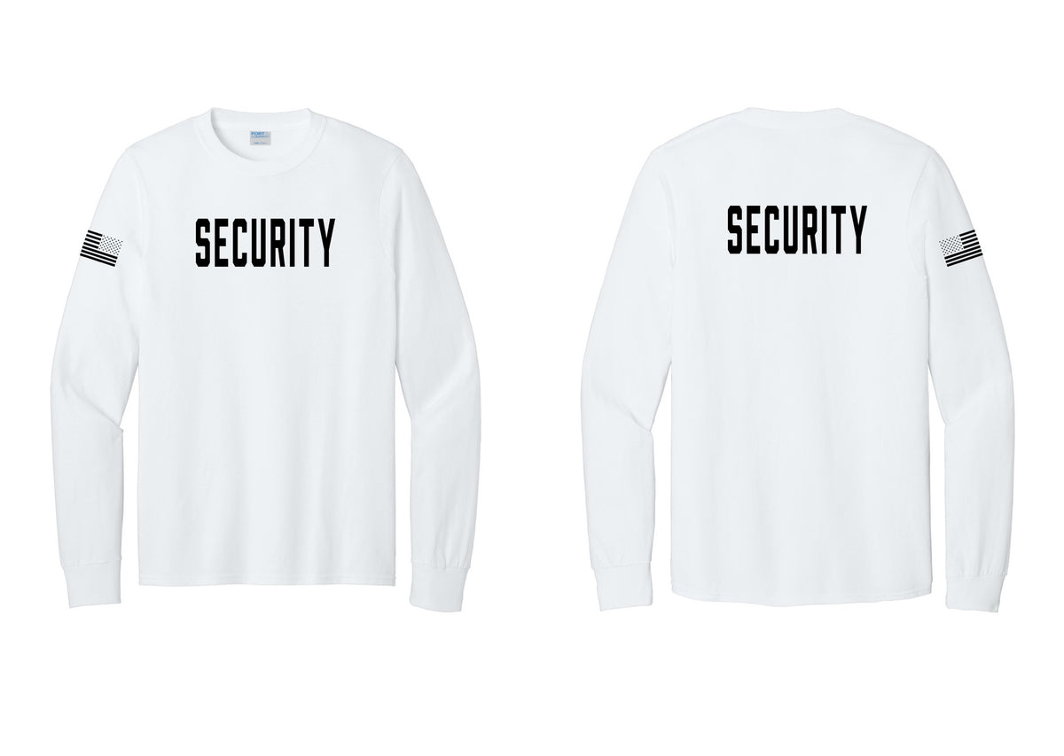 NYC Factory Security Cotton Long Sleeve T-Shirt (Classic) - Front + Back + US Flag Sleeve - White