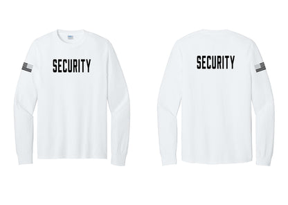 NYC Factory Security Cotton Long Sleeve T-Shirt (Classic) - Front + Back + US Flag Sleeve - White