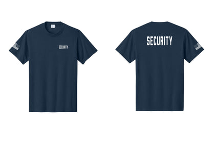 NYC Factory Unisex Security Black T-Shirt - Chest + Back + US Flag Sleeve - Navy