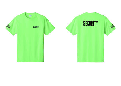 NYC Factory Security T-Shirt, Condensed Lettering - Chest + Back + US Flag Sleeve - Neon Green