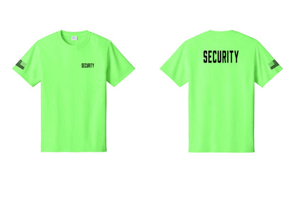 NYC Factory Unisex Security Black T-Shirt - Chest + Back + US Flag Sleeve - Neon Green