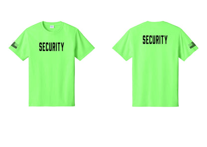 NYC Factory Security T-Shirt, Condensed Lettering - Front + Back + US Flag Sleeve - Neon Green