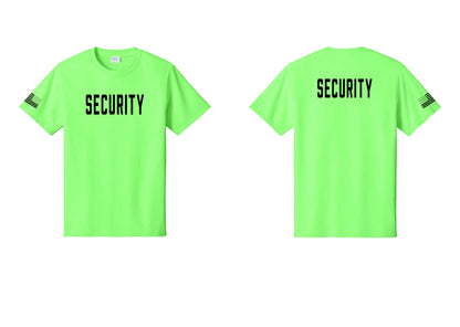 NYC Factory Unisex Security Black T-Shirt - Front + Back + US Flag Sleeve - Neon Green