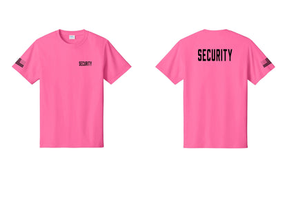 NYC Factory Security T-Shirt, Condensed Lettering - Chest + Back + US Flag Sleeve - Neon Pink