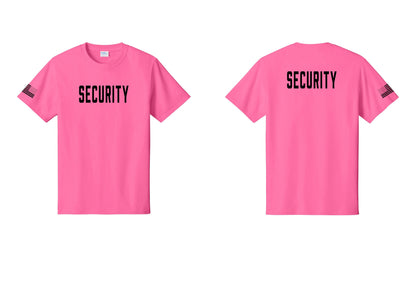 NYC Factory Security T-Shirt, Condensed Lettering - Front + Back + US Flag Sleeve - Neon Pink