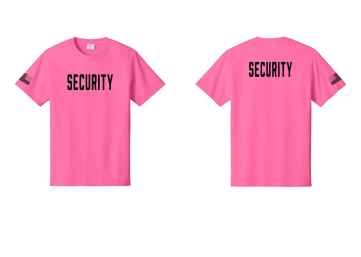 NYC Factory Unisex Security Black T-Shirt - Front + Back + US Flag Sleeve - Neon Pink