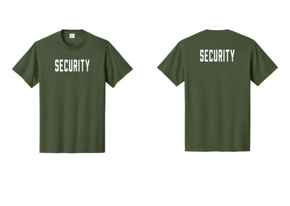 NYC Factory Security T-Shirt, Condensed Lettering - Front + Back - Olive