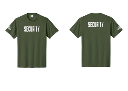 NYC Factory Security T-Shirt, Condensed Lettering - Front + Back + US Flag Sleeve - Olive