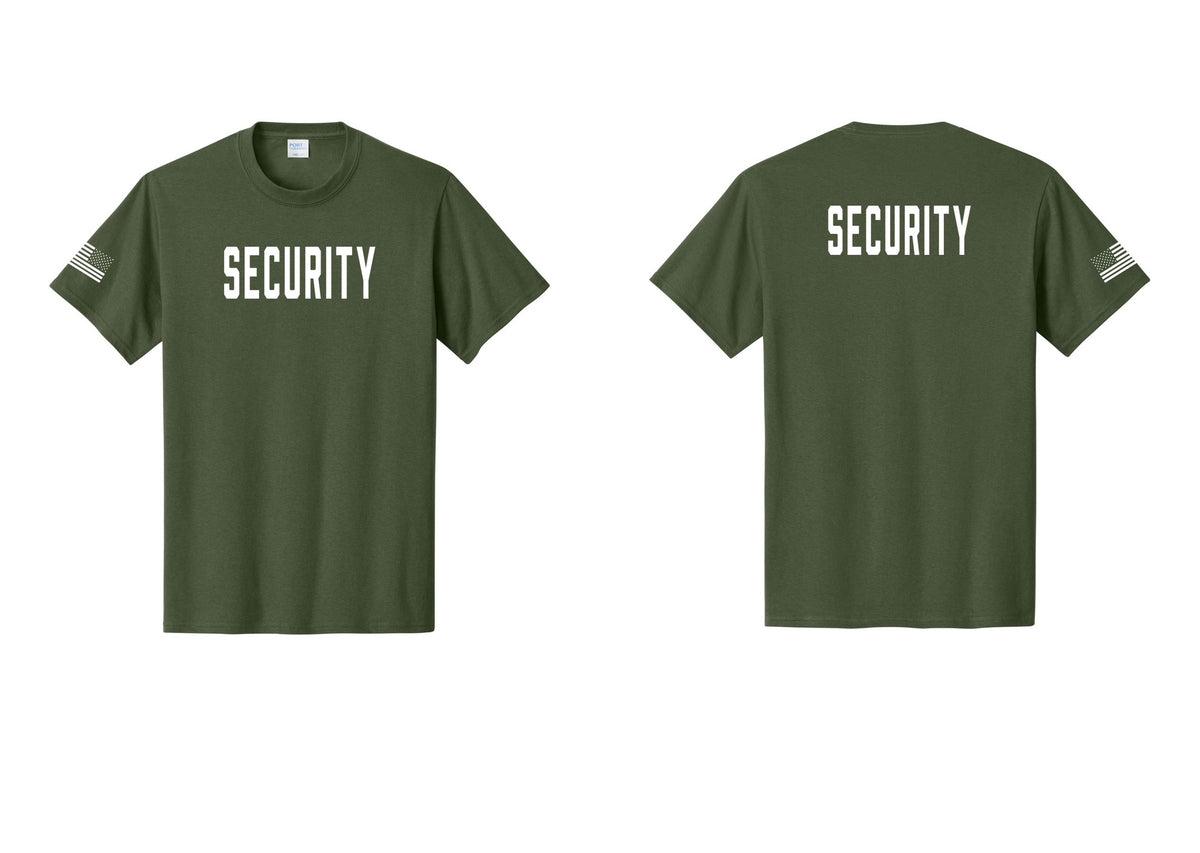 NYC Factory Unisex Security Black T-Shirt - Front + Back + US Flag Sleeve - Olive