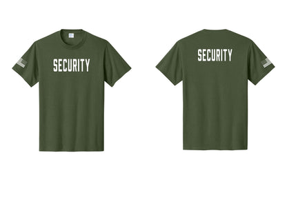 NYC Factory Unisex Security Black T-Shirt - Front + Back + US Flag Sleeve - Olive