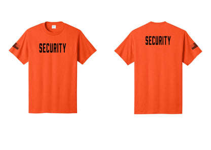 NYC Factory Unisex Security Black T-Shirt - Front + Back + US Flag Sleeve - Orange
