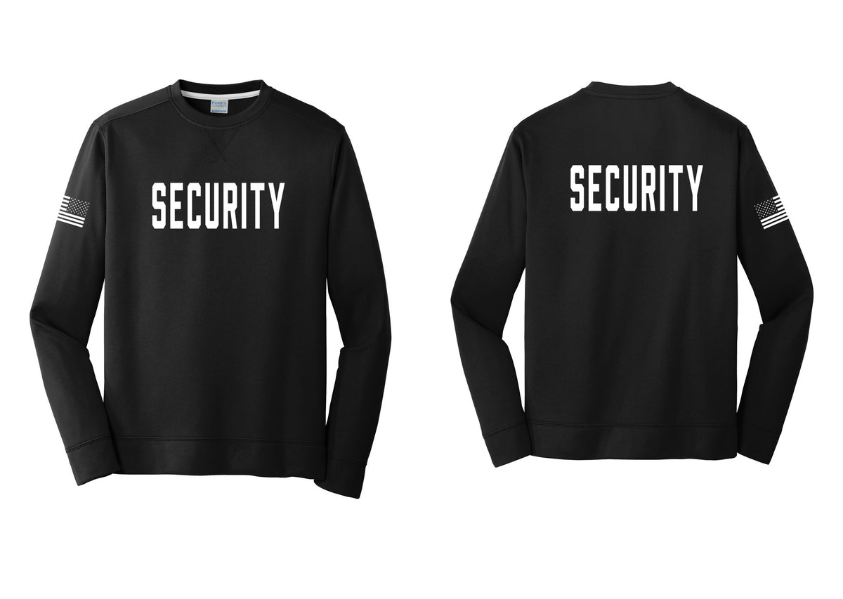 NYC Factory Security Performance Fleece Crewneck Sweatshirt (Classic) - Front + Back + US Flag Sleeve - Black