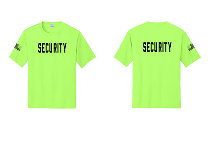 NYC Factory Security Performance T-Shirt (Classic) - Front + Back + US Flag Sleeve - Neon Green