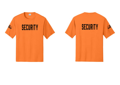 NYC Factory Security Performance T-Shirt (Classic) - Front + Back + US Flag Sleeve - Neon Orange