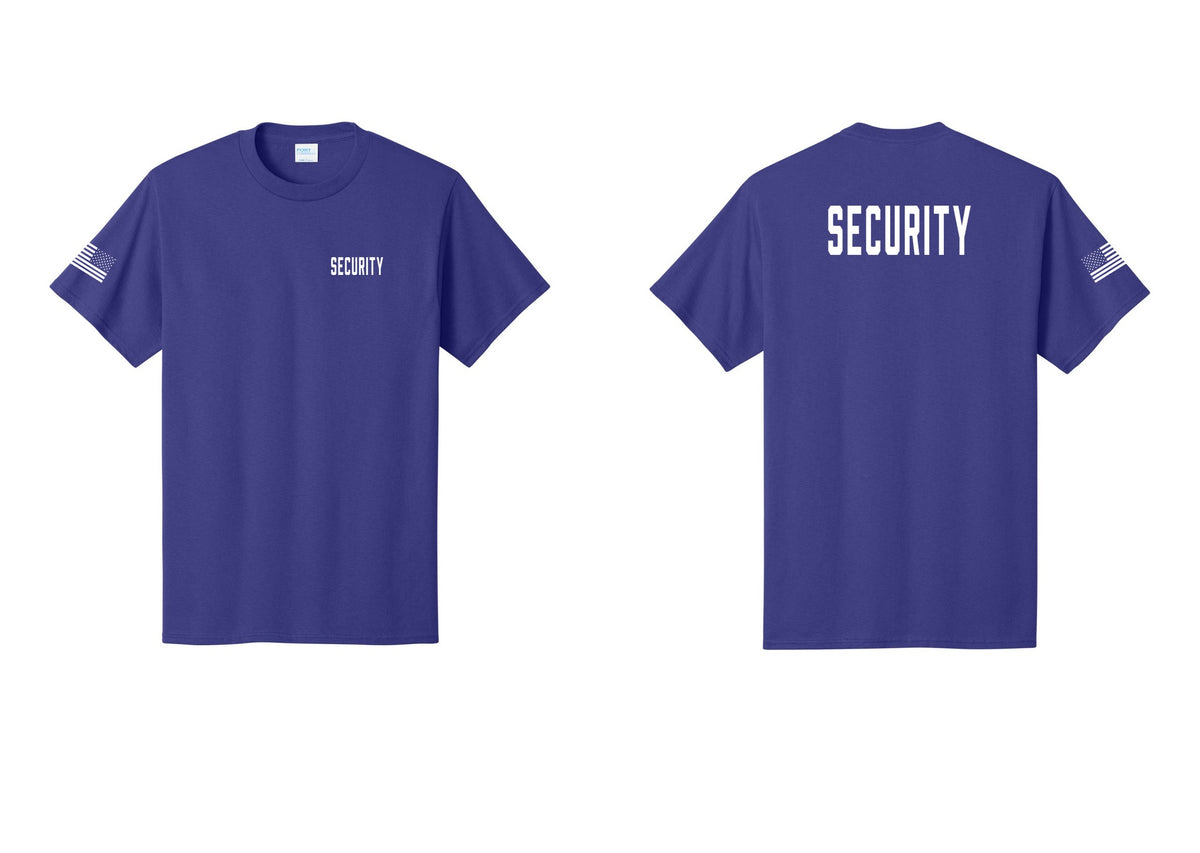 NYC Factory Security T-Shirt, Condensed Lettering - Chest + Back + US Flag Sleeve - Purple