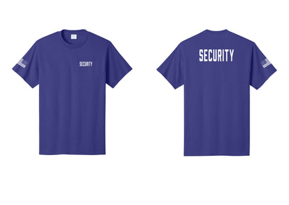 NYC Factory Security T-Shirt, Condensed Lettering - Chest + Back + US Flag Sleeve - Purple