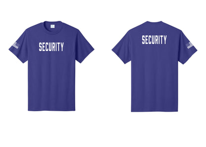 NYC Factory Security T-Shirt, Condensed Lettering - Front + Back + US Flag Sleeve - Purple