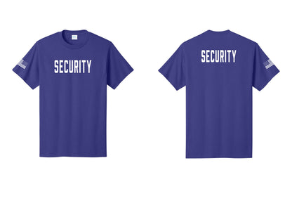 NYC Factory Unisex Security Black T-Shirt - Front + Back + US Flag Sleeve - Purple