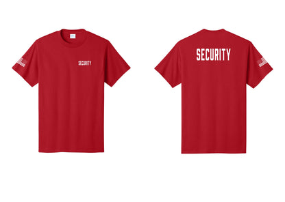 NYC Factory Security T-Shirt, Condensed Lettering - Chest + Back + US Flag Sleeve - Red