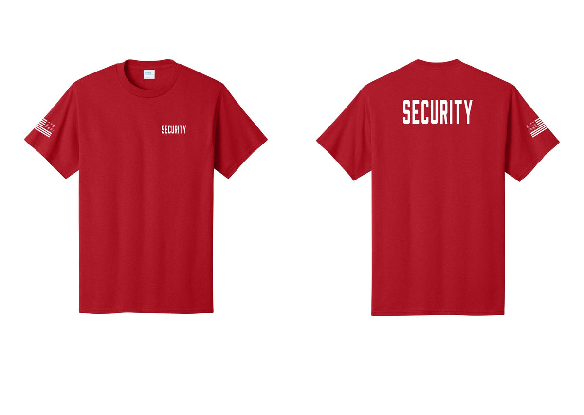 NYC Factory Unisex Security Black T-Shirt - Chest + Back + US Flag Sleeve - Red