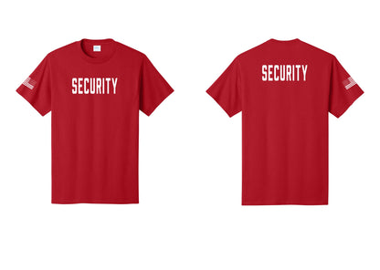 NYC Factory Security T-Shirt, Condensed Lettering - Front + Back + US Flag Sleeve - Red