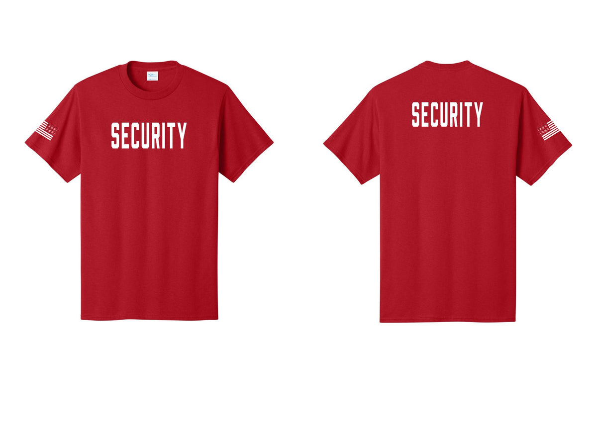 NYC Factory Unisex Security Black T-Shirt - Front + Back + US Flag Sleeve - Red