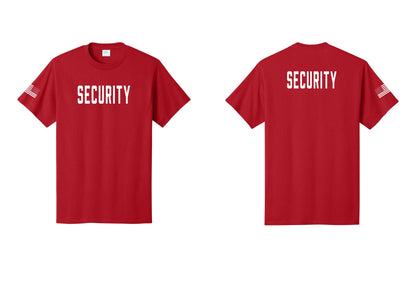 NYC Factory Unisex Security Black T-Shirt - Front + Back + US Flag Sleeve - Red