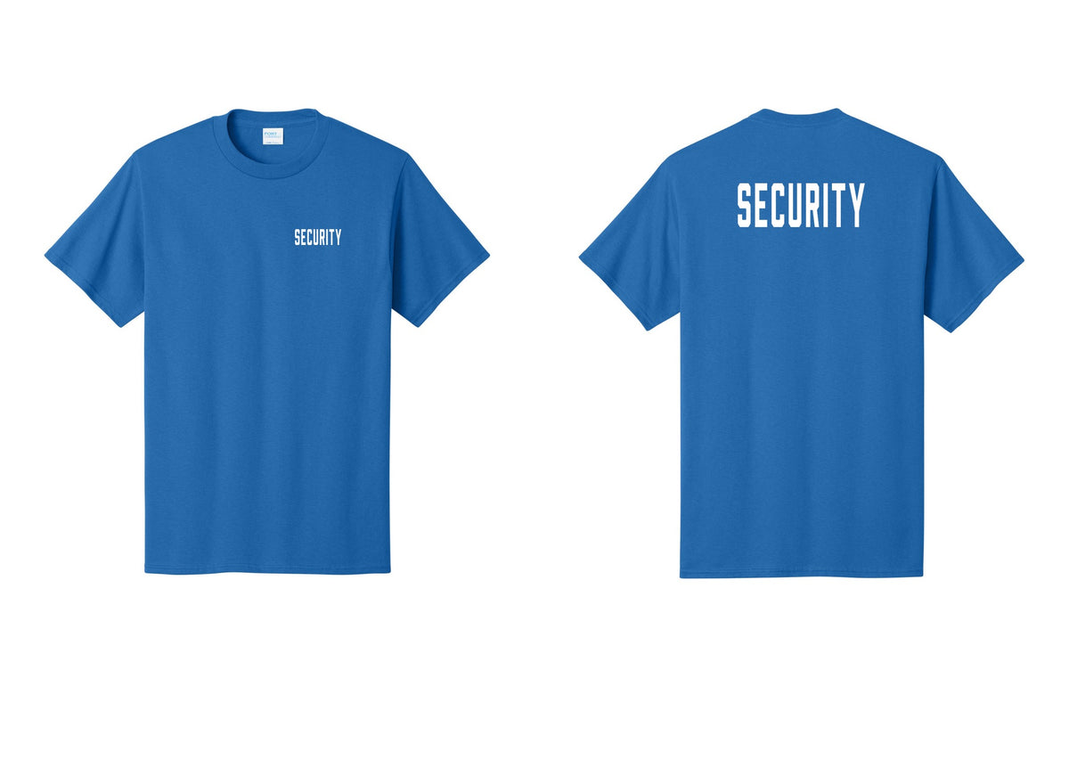NYC Factory Security T-Shirt, Condensed Lettering - Chest + Back - Royal
