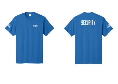 NYC Factory Unisex Security Black T-Shirt - Chest + Back + US Flag Sleeve - Royal