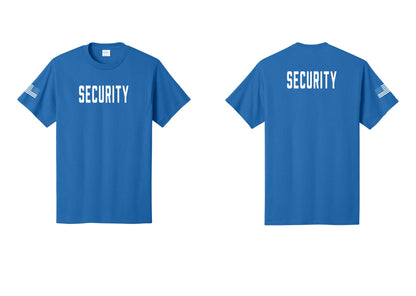 NYC Factory Security T-Shirt, Condensed Lettering - Front + Back + US Flag Sleeve - Royal