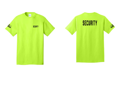 NYC Factory Security T-Shirt, Condensed Lettering - Chest + Back + US Flag Sleeve - Safety Green