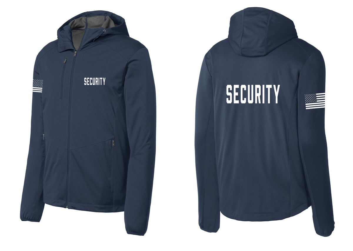 NYC Factory Security Soft Shell Hooded Jacket (Classic) - Chest + Back + US Flag Sleeve - Dress Blue Navy