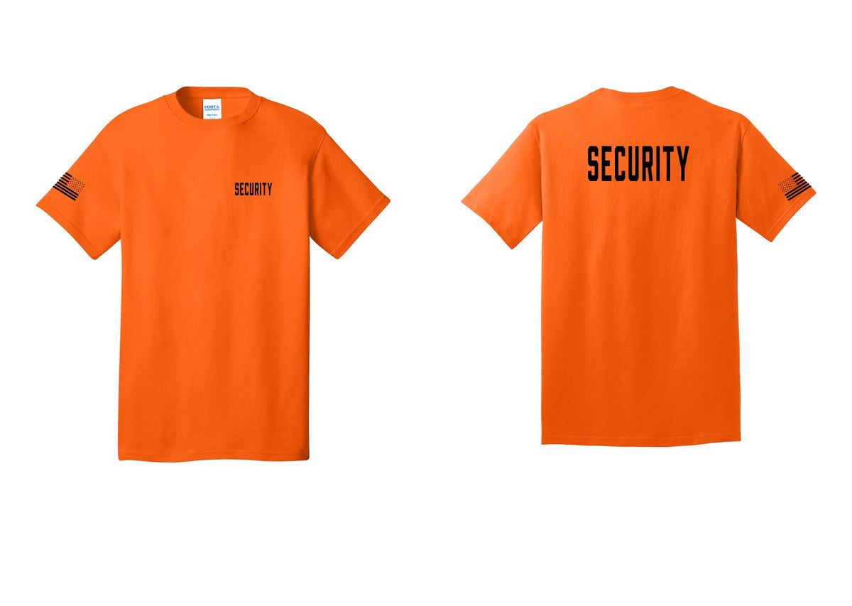 NYC Factory Security T-Shirt, Condensed Lettering - Chest + Back + US Flag Sleeve - Safety Orange