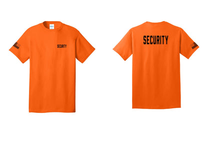 NYC Factory Security T-Shirt, Condensed Lettering - Chest + Back + US Flag Sleeve - Safety Orange