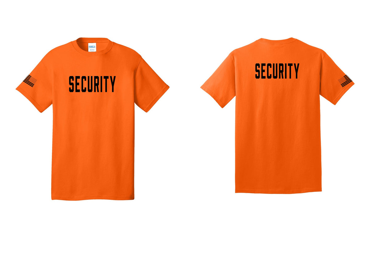 NYC Factory Unisex Security Black T-Shirt - Front + Back + US Flag Sleeve - Safety Orange