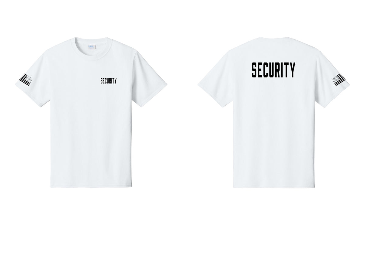 NYC Factory Security T-Shirt, Condensed Lettering - Chest + Back + US Flag Sleeve - White