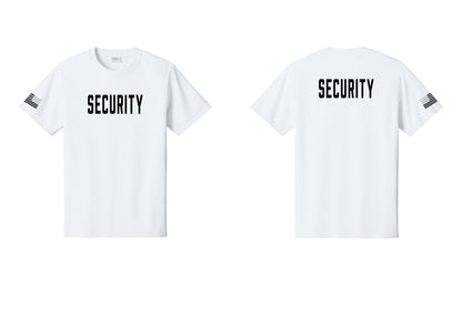 NYC Factory Security T-Shirt, Condensed Lettering - Front + Back + US Flag Sleeve - White