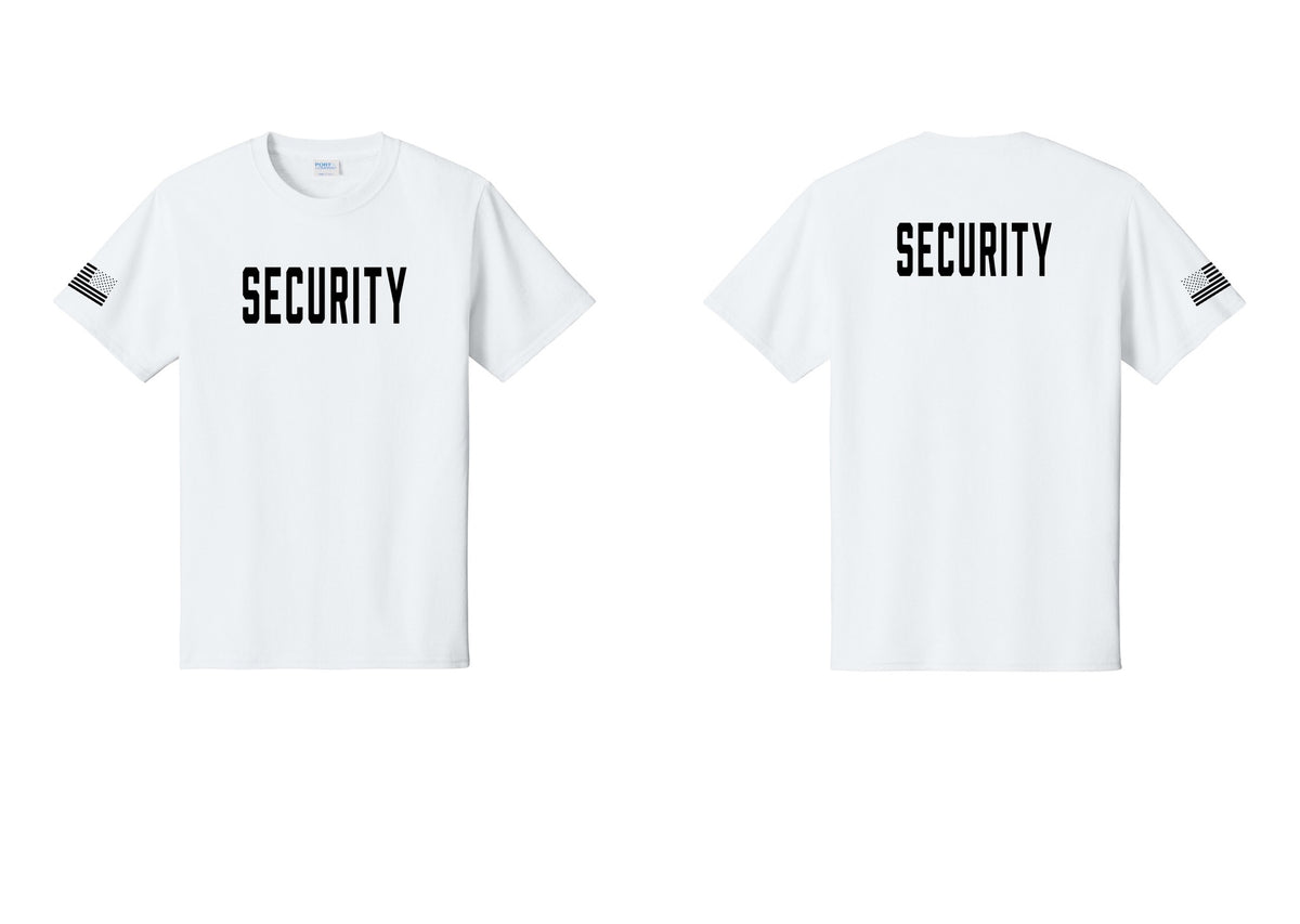 NYC Factory Unisex Security Black T-Shirt - Front + Back + US Flag Sleeve - White
