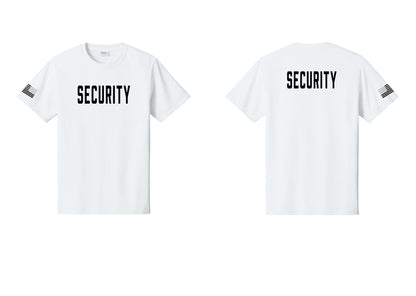 NYC Factory Unisex Security Black T-Shirt - Front + Back + US Flag Sleeve - White
