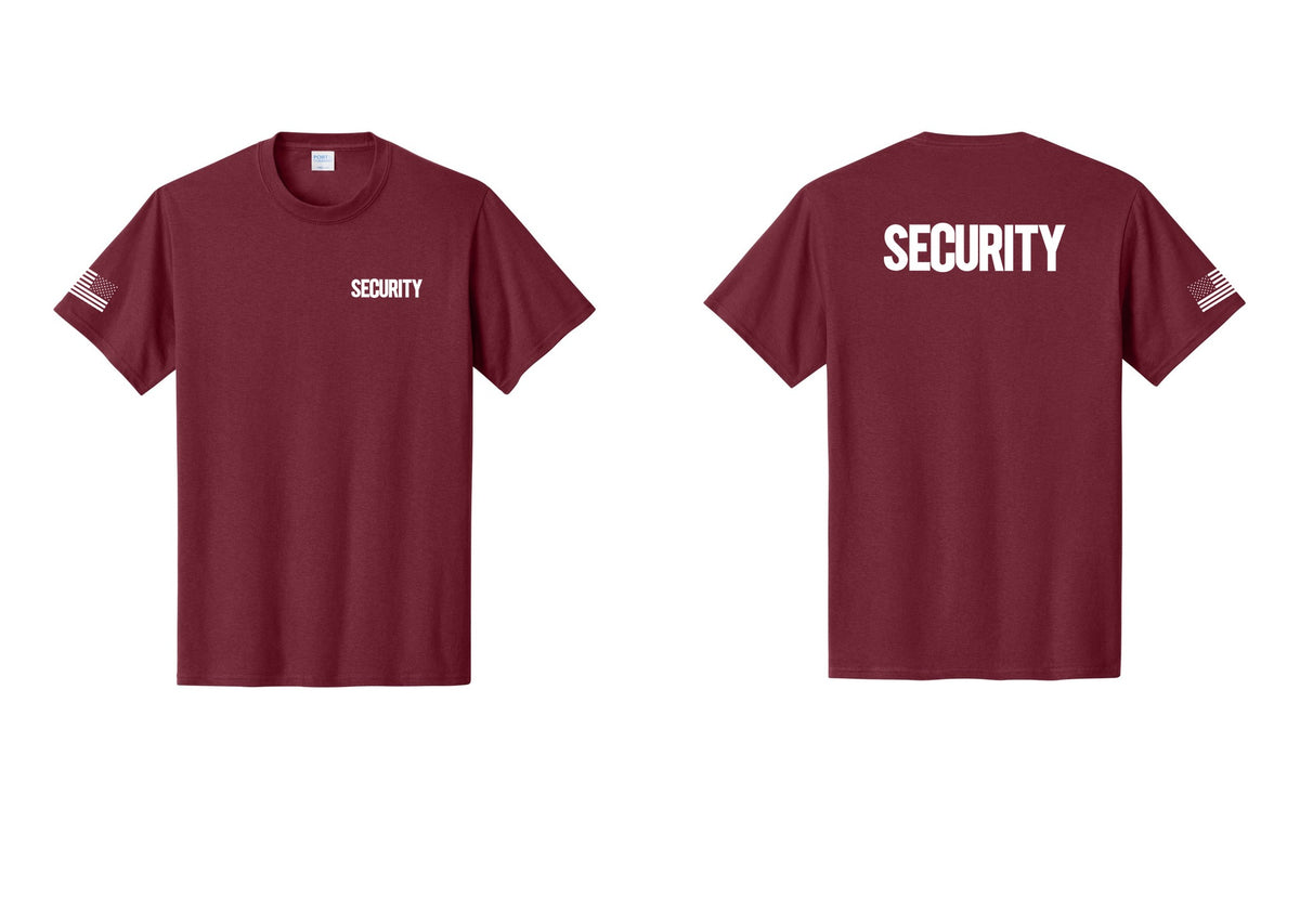 NYC Factory Men's Security Cotton T-Shirt - Chest + Back + US Flag Sleeve - Cardinal