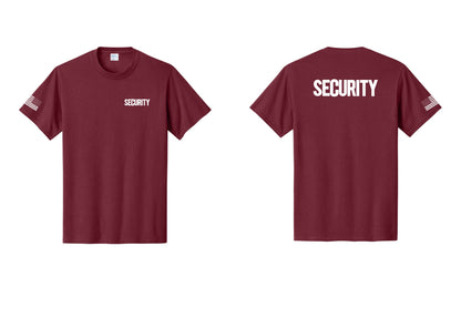 NYC Factory Men's Security Cotton T-Shirt - Chest + Back + US Flag Sleeve - Cardinal