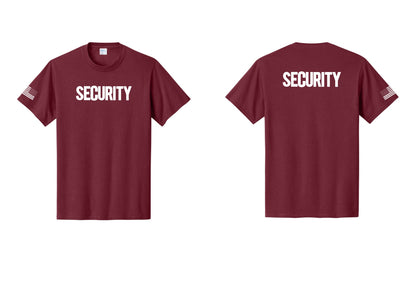 NYC Factory Men's Security Cotton T-Shirt - Front + Back + US Flag Sleeve - Cardinal