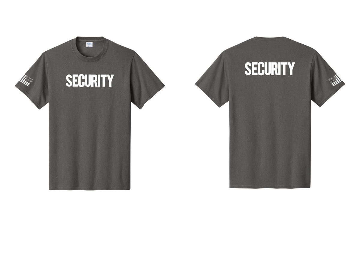 NYC Factory Men's Security Cotton T-Shirt - Front + Back + US Flag Sleeve - Charcoal