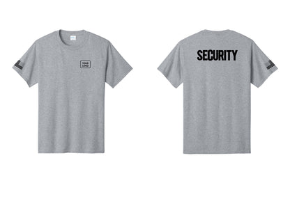 NYC Factory Custom Logo Men's Security Cotton T-Shirt - Your Logo + Back + US Flag Sleeve - Athletic Heather